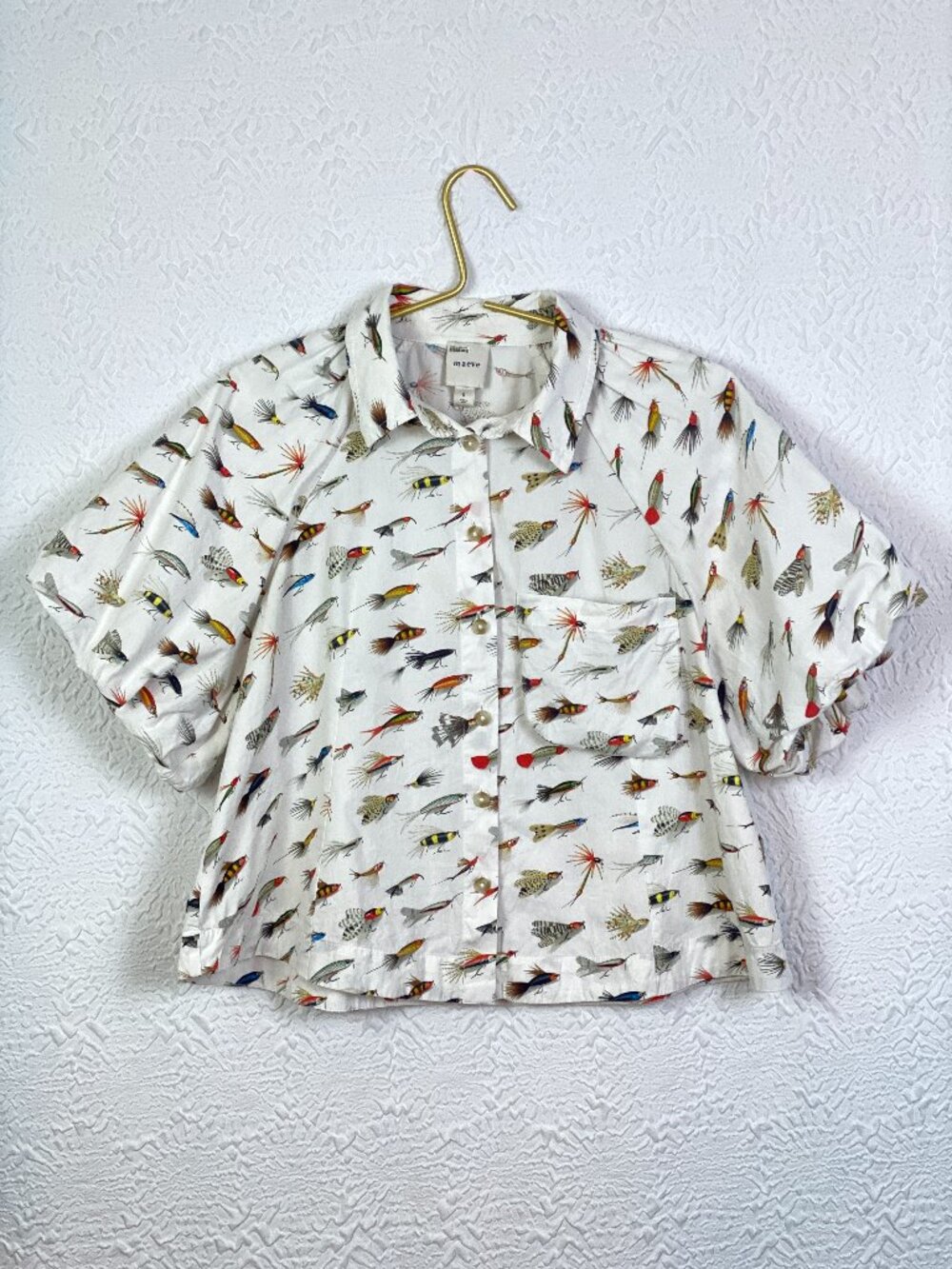 Maeve Zooey Bubble-Sleeve Buttondown Fly Lure Print Top S